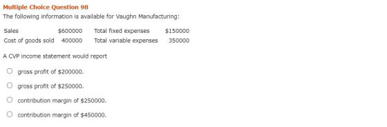 Multiple Choice Question 98 The following information is available for Vaughn Manufacturing: $150000 Sales Cost of goods sold