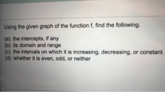 Using the given graph of the function f, find the following. (a) the intercepts, if any (b) its domain and range (c) the inte