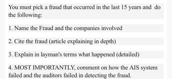 You must pick a fraud that occurred in the last 15 years and do the following: 1. Name the Fraud and the companies involved 2