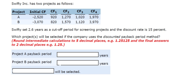 Swifty Inc. has two projects as follows: Project A Initial CF CF -2,520 920 -3,070 820 CF2 1,270 1,570 CF3CF4 1,020 1,970 1,1