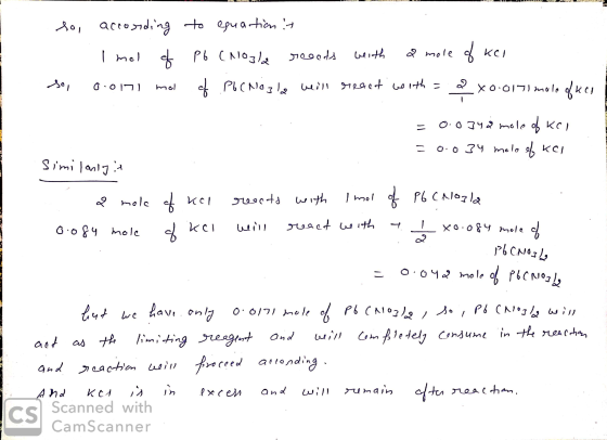WALL LLLLLLL ! 1 Ja. so, according to equation it Imel of Pb (Noola reacts with a mole of kei so, o oni mal of Pb(Nozla will