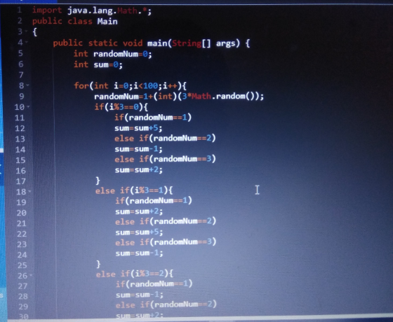 1 import java.lang. Math.; 2 public class Main 3 { public static void main(String[] args) { int randomNum=0; int sum=0; for(i