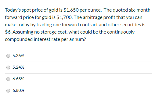 Todays spot price of gold is $1,650 per ounce. The quoted six-month forward price for gold is $1,700. The arbitrage profit t