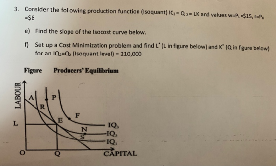 3. Consider the following production function (lsoqua nt) IC2=Q2_Lk and values wah-$15, rth -$8 e) Find the slope of the Isocost curve below. f) Set up a Cost Minimization problem and find L(L in figure below) and K (Q in figure below) for an lQ2=Q2 (isoquant level)-210,000 Figure Producers Equilibrium IQ, IQ CAPITAL