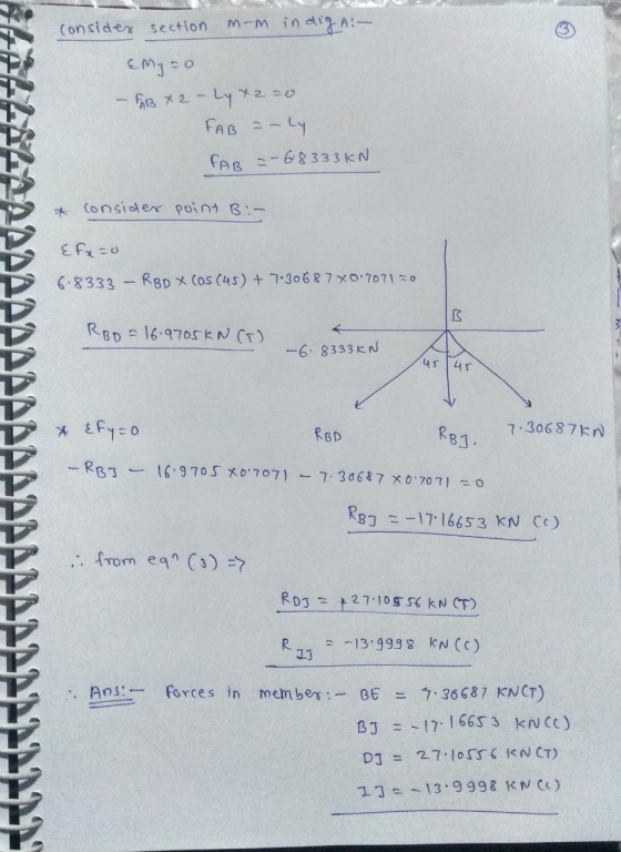 consides section mom indig: - М1 го - FAB x2 - Lyx2=0 FAB = -ly FAB = -68333KN & consider point Bi- & fx=0 6.8333 - RBD x Cos