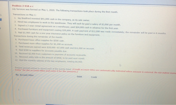 Problem 2-03A a-c Lily Services was formed on May 1, 2020. The following transactions took place during the first month. Tran
