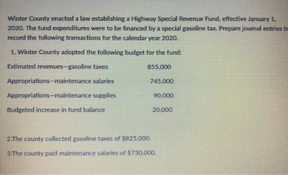 Winter County enacted a law establishing a Highway Special Revenue Fund, effective January 1, 2020. The fund expenditures wer