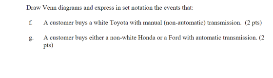 Draw Venn diagrams and express in set notation the events that: f A customer buys a white Toyota with manual (non-automatic) transmission. (2 pts) g. A customer buys either a non-white Honda or a Ford with automatic transmission. (2 pis)