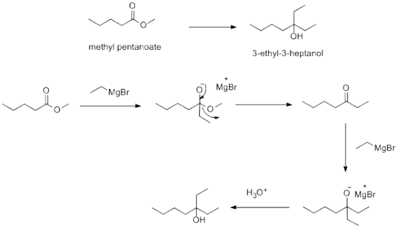 он methyl pentanoate 3-ethyl-3-heptanol MgBr O MgBr MgBr H20+ 3 O MgBr он