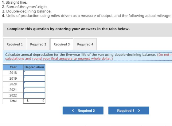 1. Straight line. 2. Sum-of-the-years-digits. 3. Double-declining balance. 4. Units of production using miles driven as a mea