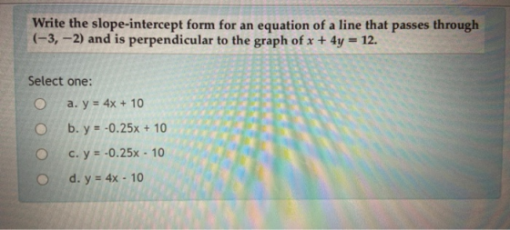 Write the slope-intercept form for an equation of a line that passes through (-3, -2) and is perpendicular to the graph of x