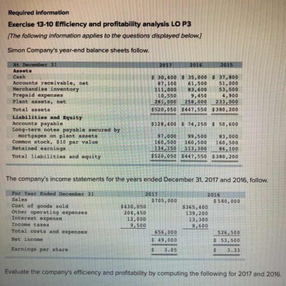 Required information Exercise 13-10 Efficiency and profitability analysis LO P3 (The following information applies to the que