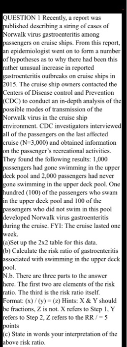 QUESTION 1 Recently, a report was published describing a string of cases of Norwalk virus gastroenteritis among passengers on