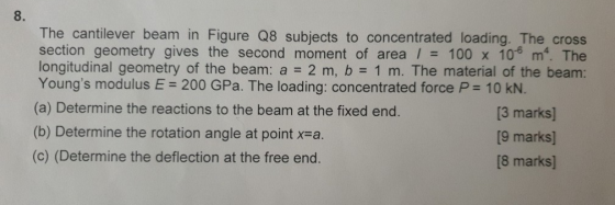 8. The cantilever beam in Figure Q8 subjects to concentrated loading. The cross section geometry gives the second moment of a