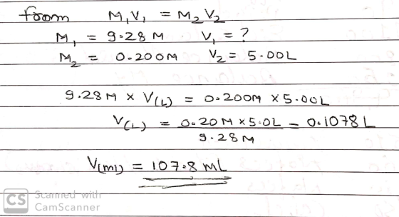 toom M M = = MiV, = M, Val 9-28 m . v,= ? 0. 2oom v₂ = 5.00L 9.281 x V Vw = O» 200M X 5.001 = 0.20 MX5.0L -0.1078 9-281 V[mi]
