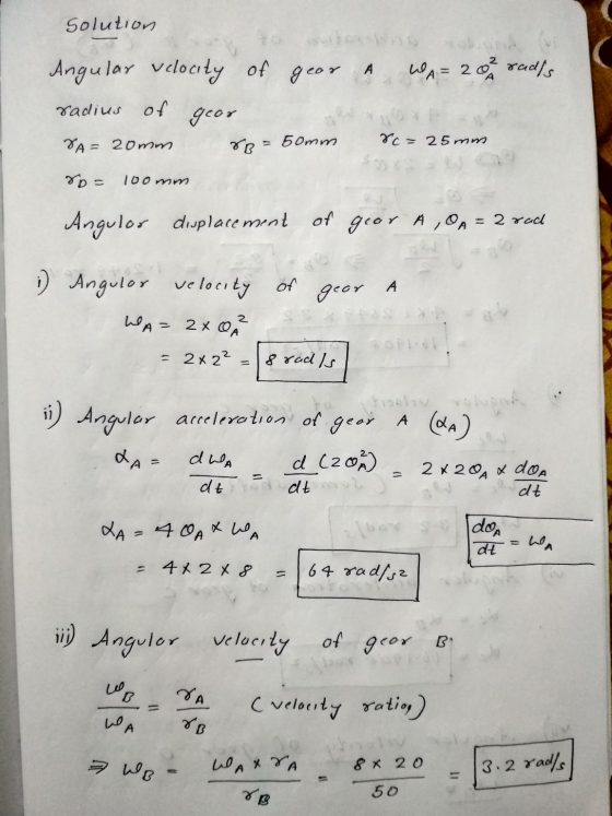 Solution Angular velocity of gear A WA= 20 rad/s radius of geor VA= 20mm OBS = 50mm rc = 25mm 80- 100 mm Angulor displacement