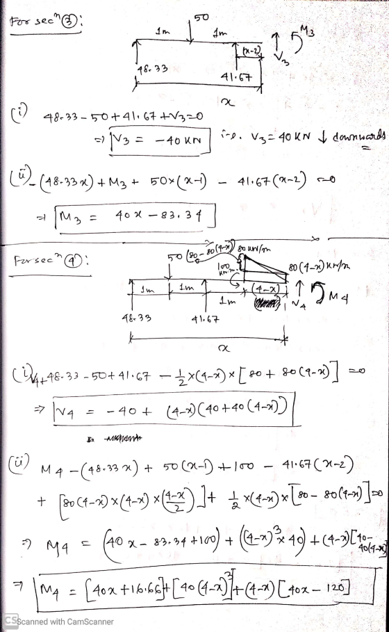 For sec ☺ im im Ma Ilmaz 95 im 48c33 41.67 (2) 48.33-50+ 41.67 +z=0 ind. Vz=40 KN I downwards 1V3 = -40 KN Cu? (48-335) + M3