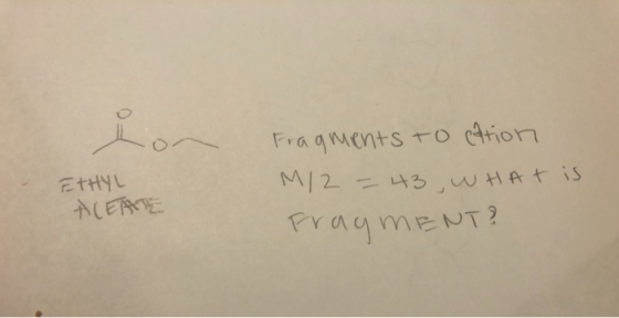 ETHYL ACETATE Fragments to cation M/2 = 43, WHAT is Frag MENT?