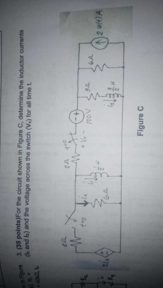m/2 n in Figure Figure 3. (35 points)For the circuit shown in Figure C, determine the inductor currents (Is and i2) and the v