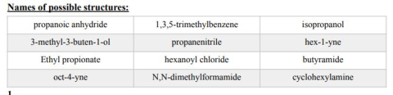 Names of possible structures: propanoic anhydride 3-methyl-3-buten-1-ol Ethyl propionate oct-4-yne 1,3,5-trimethylbenzene pro