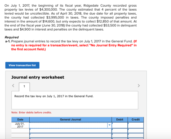 On July 1, 2017, the beginning of its fiscal year, Ridgedale County recorded gross tax levies of $4,300,000. The county estim