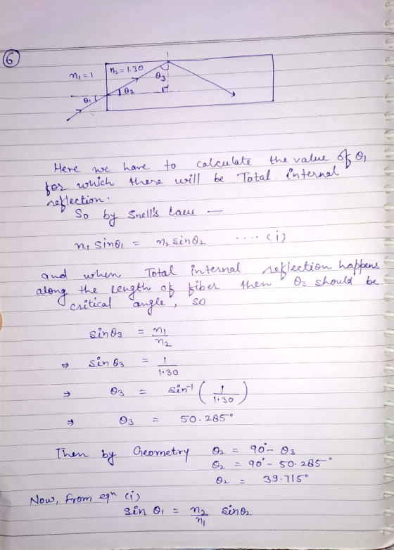 n =1 M = 1.30 02_ Here we have to calculate the value of o, for which there will be Total internal reflection So by Snells l