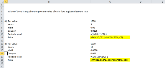 B 1 2 Value of bond is equal to the present value of cash flow at given discount rate 1000 6 7 8 A) Par value Years Yield Cou