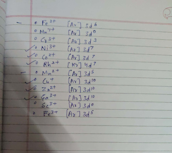 • Fe 2+ o Mart 0 C 3+ So Ni 3+ Yo cozt to Rht . Mn²+ o Ent To Zn²+ Ga 3+ O S3+ Ta Fe3+ [Ar]3d6 [Ar]3d (Ar]3d3 [Ar] 3d7 [Ar]3d