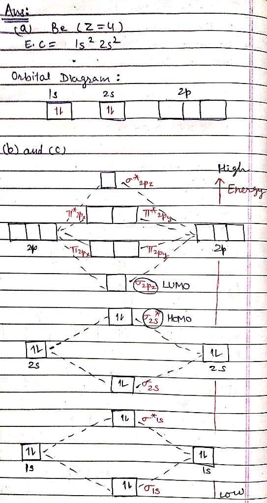 Andi labe (2=4) - E.C= ls ² 25² - Orbital Diagram : 25 6 and (c) High Energy Toplay Io Lumo 790 1 HMO TALot2s is Teow