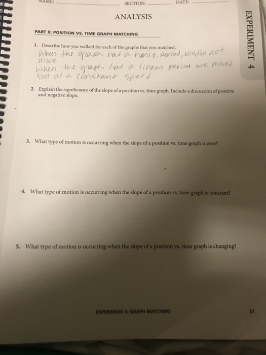 SECTION: DATE: ANALYSIS PARTI: POSITION VS. TIME GRAPH MATCHING I. Describe how you walked for each of the graphs that you matched. When the aph hada honit. period wedid net mare wiun the crapん1ad a linlan perod we moved but at o constan sperd Explain the significance of the slope of a position vs. time graph. Include a discussion of positive 2. and negative slope. 3. What type of motion is occurring when the slope of a position vs. time graph is zero? 4. What type of motion is occurring when the slope of a position vs. time graph is 5. What type of motion is occurring when the slope of a position vs. time graph is changing? EXPERIMENT 4: GRAPH MATCHING 31