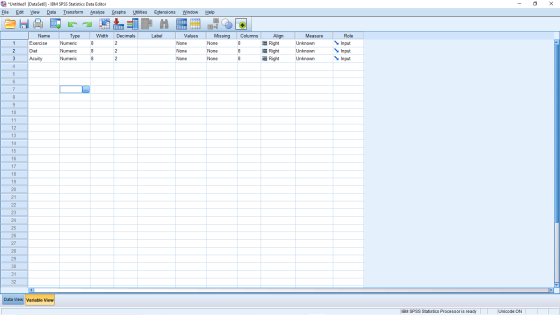- Х ta *Untitled1 [DataSetO] - IBM SPSS Statistics Data Editor File Edit View Data Transform Analyze Graphs Utilities Extensi