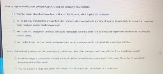 Does an agency conflict exist between CSIS CFO and the companys shareholders? Yes; the shares should not have been sold at