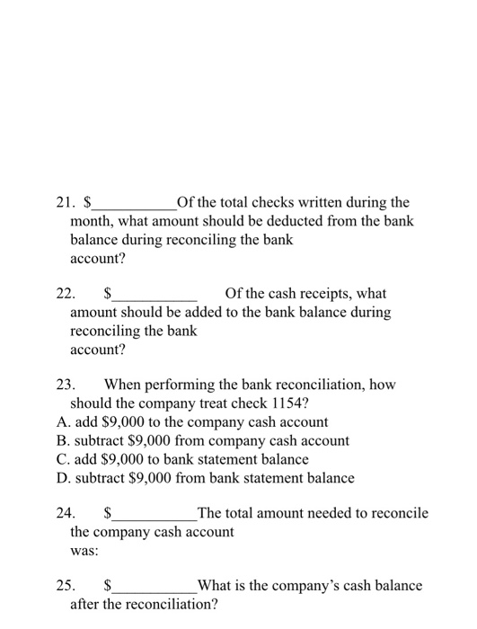 21. $ Of the total checks written during the month, what amount should be deducted from the bank balance during reconciling t