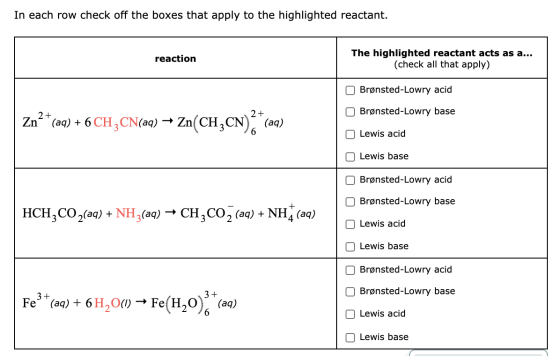 In each row check off the boxes that apply to the highlighted reactant. reaction The highlighted reactant acts as a... (check