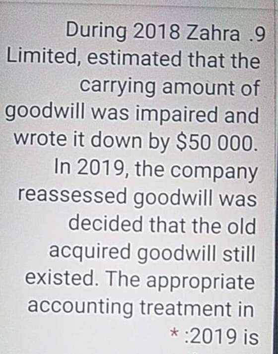 During 2018 Zahra .9 Limited, estimated that the carrying amount of goodwill was impaired and wrote it down by $50 000. In 20