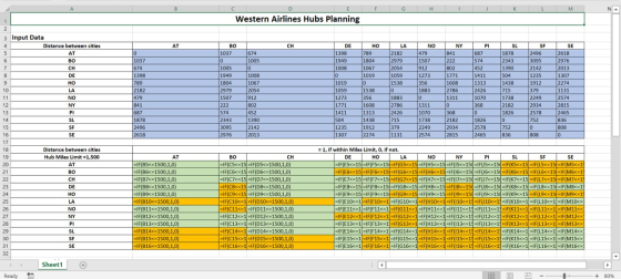 F G H I J K L M E Western Airlines Hubs Planning wN AT сн O 3 Input Data Distance between cities AT BO CH DE 0 HO LA NO 1037