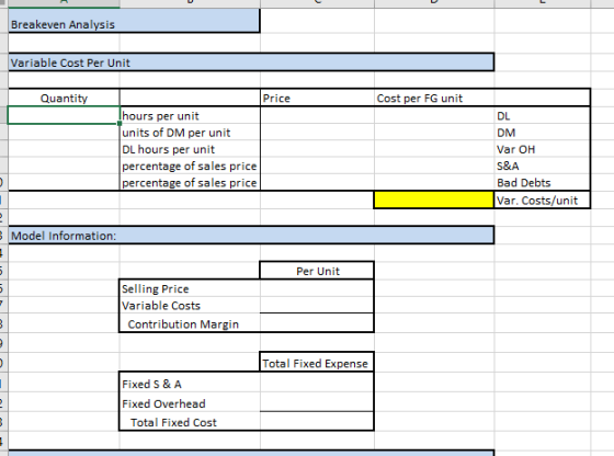 Breakeven Analysis Variable Cost Per Unit Quantity trie hours per unit units of DM per unit DL hours per unit percentage of sales price percentage of sales price DL DM Var OH S&A Bad Debts Var. Costs/unit Model Information Per Unit Selling Price Variable Costs Contribution Margin Total Fixed Expense Fixed S & A Fixed Overhead Total Fixed Cost