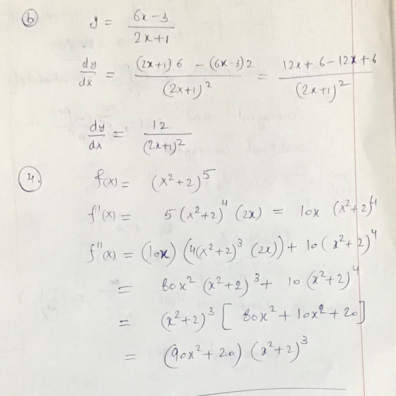 6x-3 2x+1 1 12x+ 6-12x+6 (2x+1) 6 - (64-3) 2 (2x+1) 2 @ (2x+1) 2 dy - 12 dx = 2utija fax) = (x2+2)5 f(x) = 5(x2+2) (2x) = l