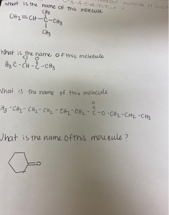 G-A-C-A-T-T-1 What is the name of this molecule CH3 CH2=CH-C-CH3 mutation of this 1 CH3 What is the name of this molecule H3