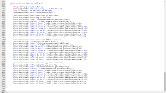 197 198 public static void main (Stringl] args) int[][] İarray={ {2,1,9),(7,3,4} }; double[)[] darray-198.7,89.2,55.1, 77.6,9