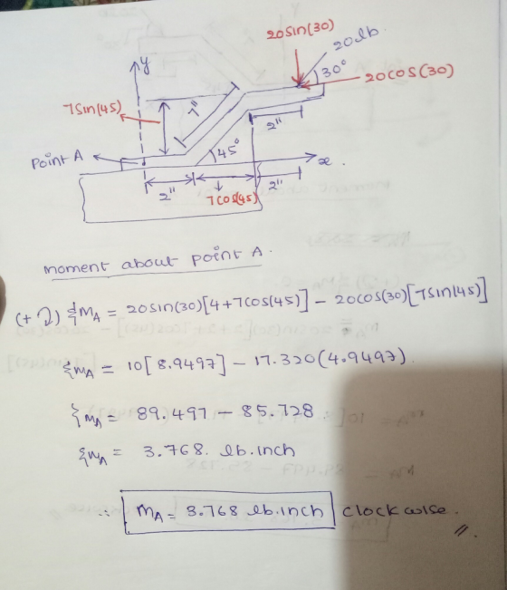 20510(30) 1201b 30 - 2000S (30) 7Sin (45) Point AR s 3 codlast moment about point A. (+ 23 AMA = 20510(30)[4 +7C05(45)] – 20