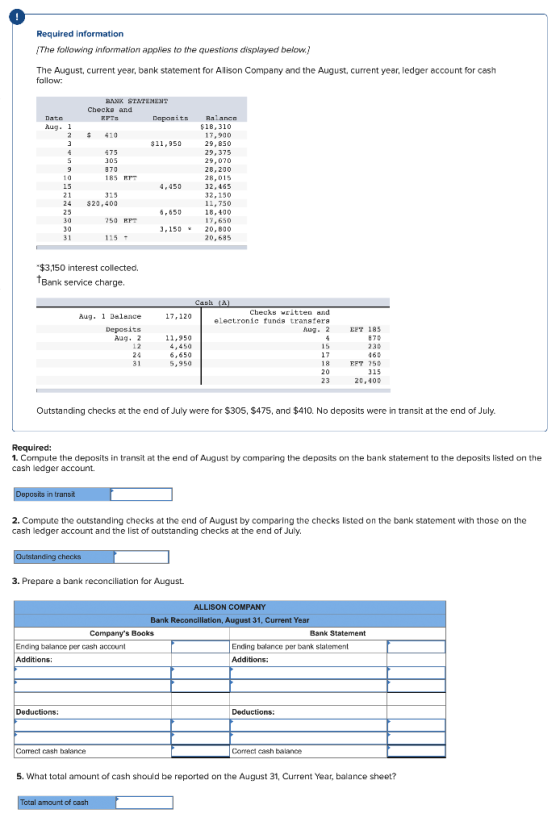Required information The following information applies to the questions displayed below.) The August, current year, bank stat