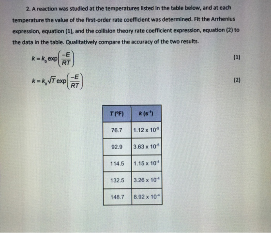 2. A reaction was studied at the temperatures listed in the table below, and at each temperature the value of the first-order