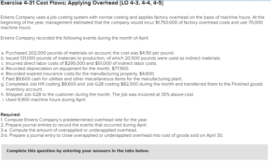 Exercise 4-31 Cost Flows; Applying Overhead [LO 4-3, 4-4, 4-5) *** Erkens Company uses a job costing system with normal costi