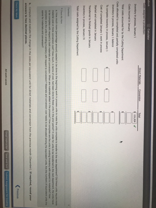 eBook Calculator costs assigned to production: Direct Materials Conversion Total $ 121,529 Inventory in process, January 1 Co