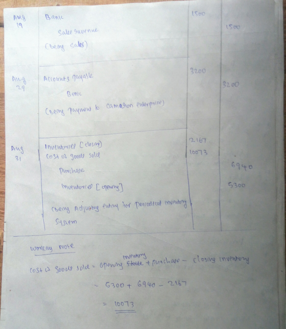1500 Bank Ang 19 1500 Sales revenue being sales) 3200 Ang 29 Accounts payable 132.00 Banic (Bering payment to camaron enterpr