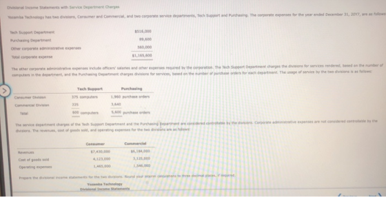 Divisional Income Statements with Service Department Charges Yamba Tachogy has two divisions, Consumer and Commercial, and tw