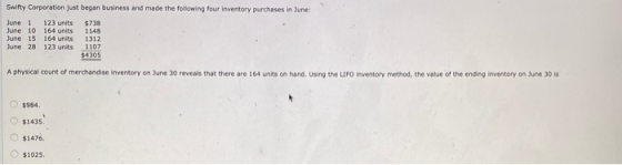 Swifty Corporation just began business and made the following four inventory purchases in June: June June 10 June 15 June 28