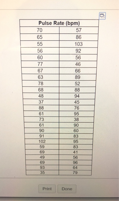 Pulse Rate (bpm) 70 57 65 86 55 103 56 92 56 46 66 89 52 60 77 67 63 78 68 48 37 88 61 73 61 88 94 45 76 95 38 90 91 83 95 10