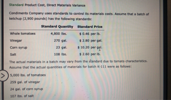 Standard Product Cost, Direct Materials Variance Condiments Company uses standards to control its materials costs. Assume tha
